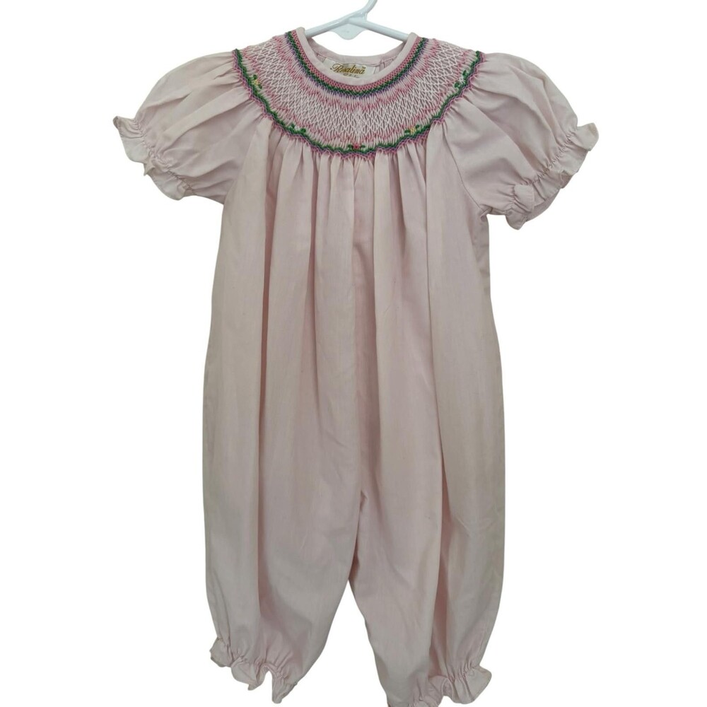Rosalina Baby Girls Pink Smocked Bubble Romper 9M Hand Smocked